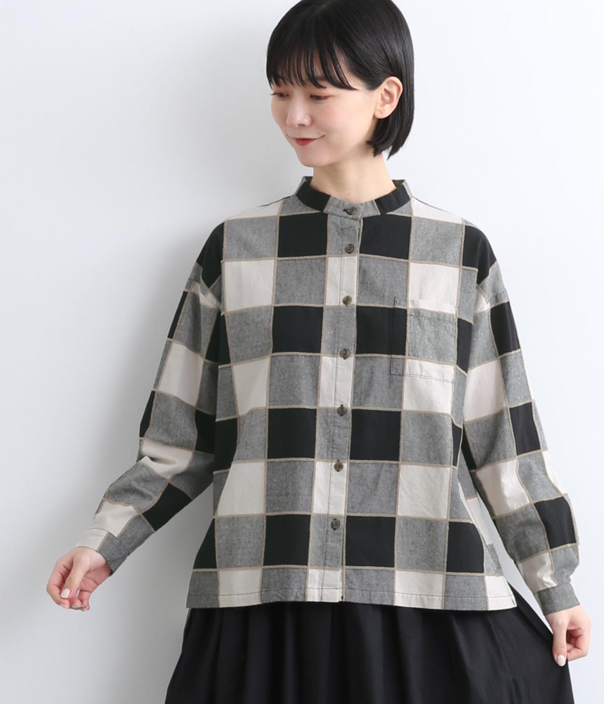 コットンモール糸　ブロックチェックバンドカラーシャツ(エクリュ×クロ-F)