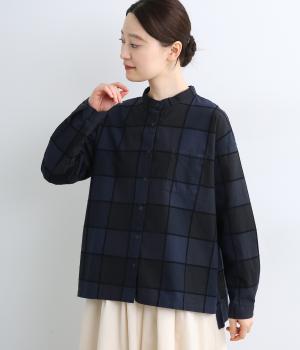 コットンモール糸　ブロックチェックバンドカラーシャツ(ダークブルー×ネイビー-F)