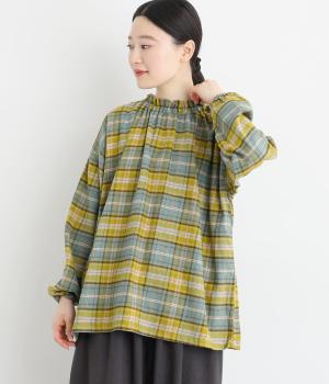 コットン綾織起毛チェックシャーリングブラウス