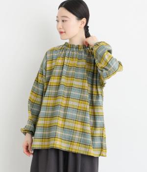 コットン綾織起毛チェックシャーリングブラウス(ブルーグリーン-F)