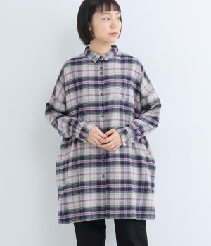 コットン綾織起毛チェックチュニックブラウス(グレージュ-F)