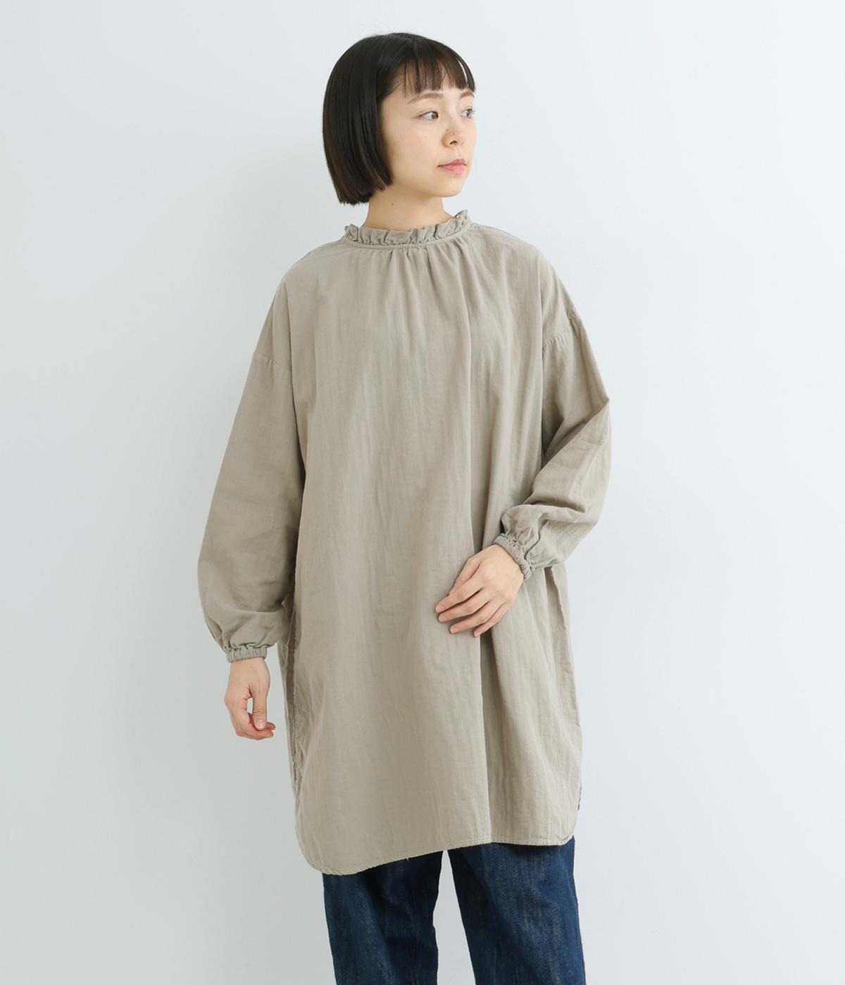 コットンダブルガーゼ 日本製品染2wayフリルネックチュニックシャツ(セージグレー-F)