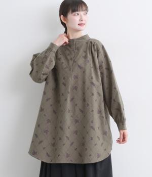 コットン平織起毛総柄プリントチュニックブラウス