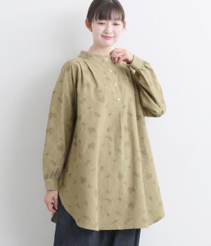 コットン平織起毛総柄プリントチュニックブラウス(ベージュ-F)