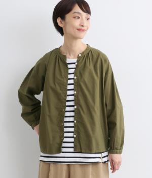 コットンオックス日本製品染バンドカラーブラウス(オリーブカーキ-F)