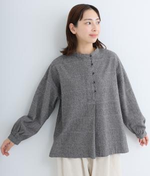 コットンリネン平織起毛プルオーバーブラウス(チドリクロ×グレージュ-F)