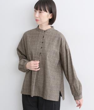 コットンリネン平織起毛プルオーバーブラウス(グレンチェックチャコール-F)