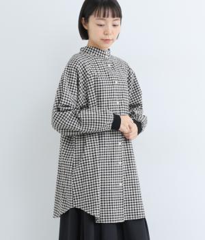 コットンリネン平織起毛2wayリブチュニックブラウス(ギンガムクロ×キナリ-F)