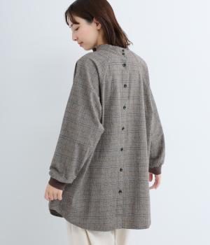 コットンリネン平織起毛2wayリブチュニックブラウス(グレンチェックチャコール-F)