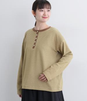 ストレッチスムース起毛ボーダー・無地Ｔシャツ(カーキブラウン×エクリュ-F)