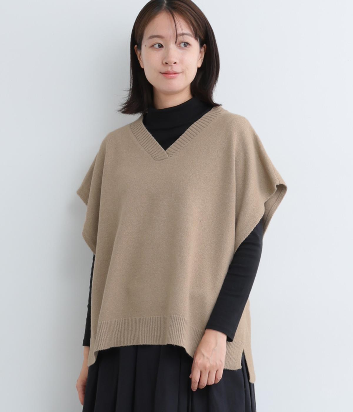 リサイクルポリエステルナイロン天竺ニットポンチョベスト(グレージュ-F)