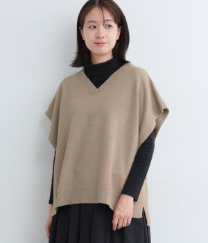 リサイクルポリエステルナイロン天竺ニットポンチョベスト(グレージュ-F)