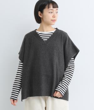 リサイクルポリエステルナイロン天竺ニットポンチョベスト(チャコール-F)