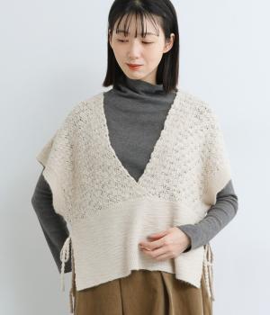 アクリルナイロンウールスラブ模様編みカシュクールニットベスト(アンティークホワイト-F)