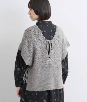 アクリルナイロンウールスラブ模様編みカシュクールニットベスト(トップグレイ-F)