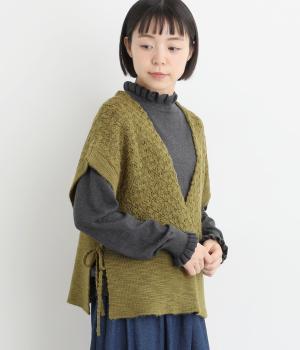 アクリルナイロンウールスラブ模様編みカシュクールニットベスト(オリーブカーキ-F)