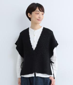 アクリルナイロンウールスラブ模様編みカシュクールニットベスト(クロ-F)