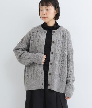 アクリルナイロンウールスラブ模様編みニットカーディガン(トップグレイ-F)