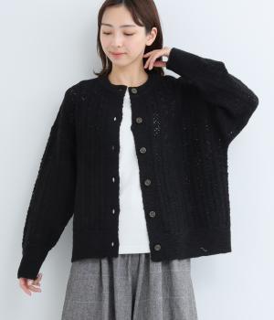 アクリルナイロンウールスラブ模様編みニットカーディガン(クロ-F)