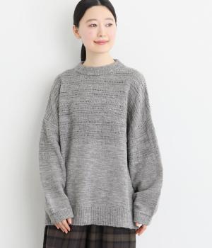 アクリルナイロンウールスラブ模様編みニットプルオーバー(トップグレイ-F)