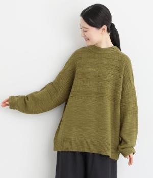 アクリルナイロンウールスラブ模様編みニットプルオーバー(オリーブカーキ-F)