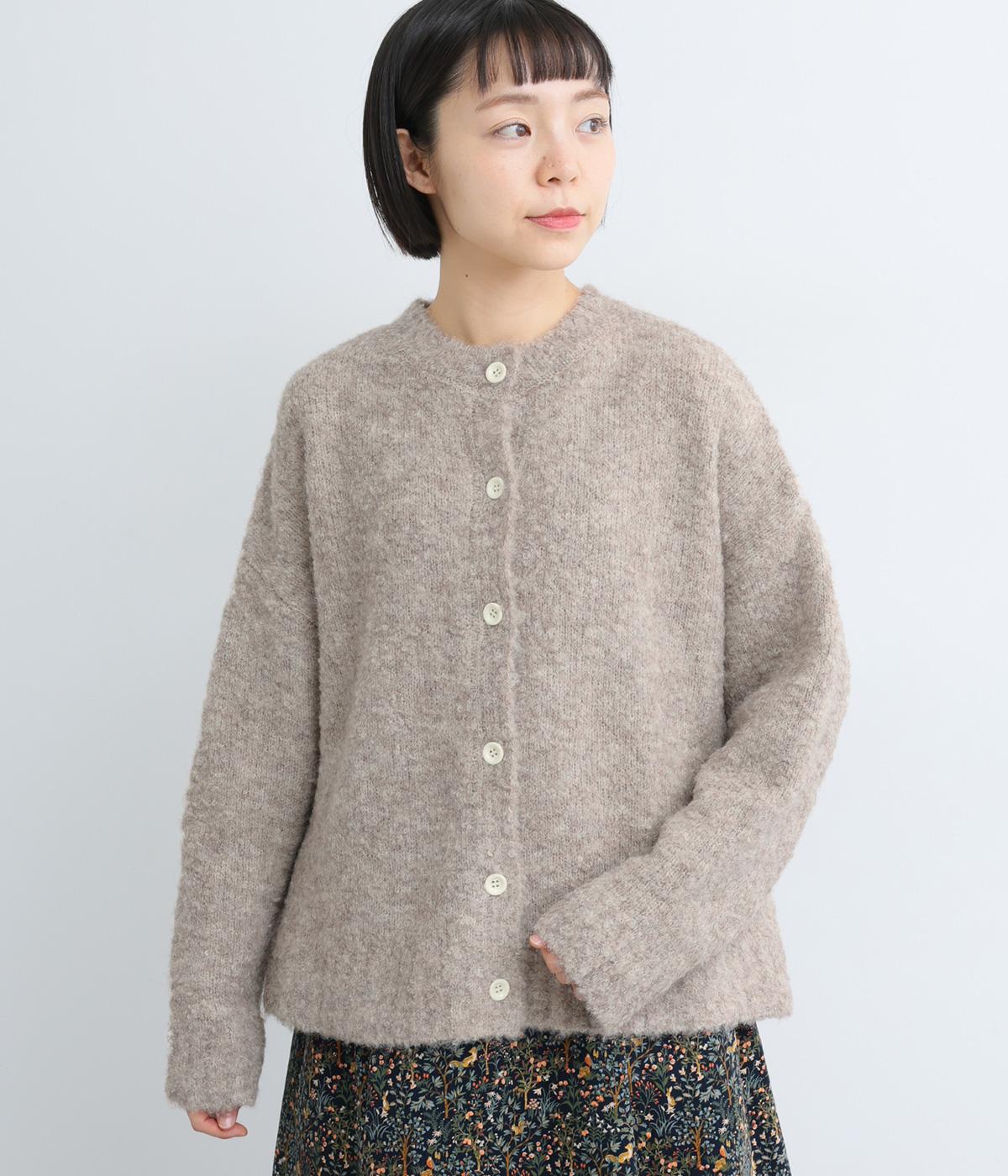 ウール混ループヤーンローゲージニットカーディガン(グレージュ-F)
