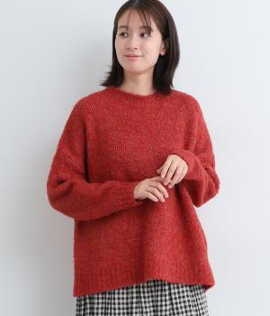 ウール混ループヤーンローゲージニットプルオーバー(レッド-F)