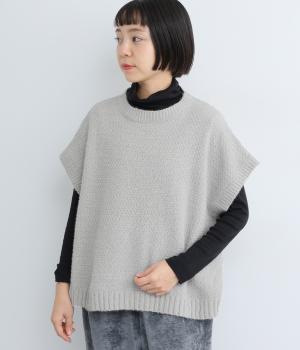 モール糸×フェザーヤーン引き揃えかのこ編みニットワイドベスト(ペールグレー-F)