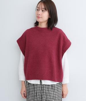 モール糸×フェザーヤーン引き揃えかのこ編みニットワイドベスト(ワイン-F)