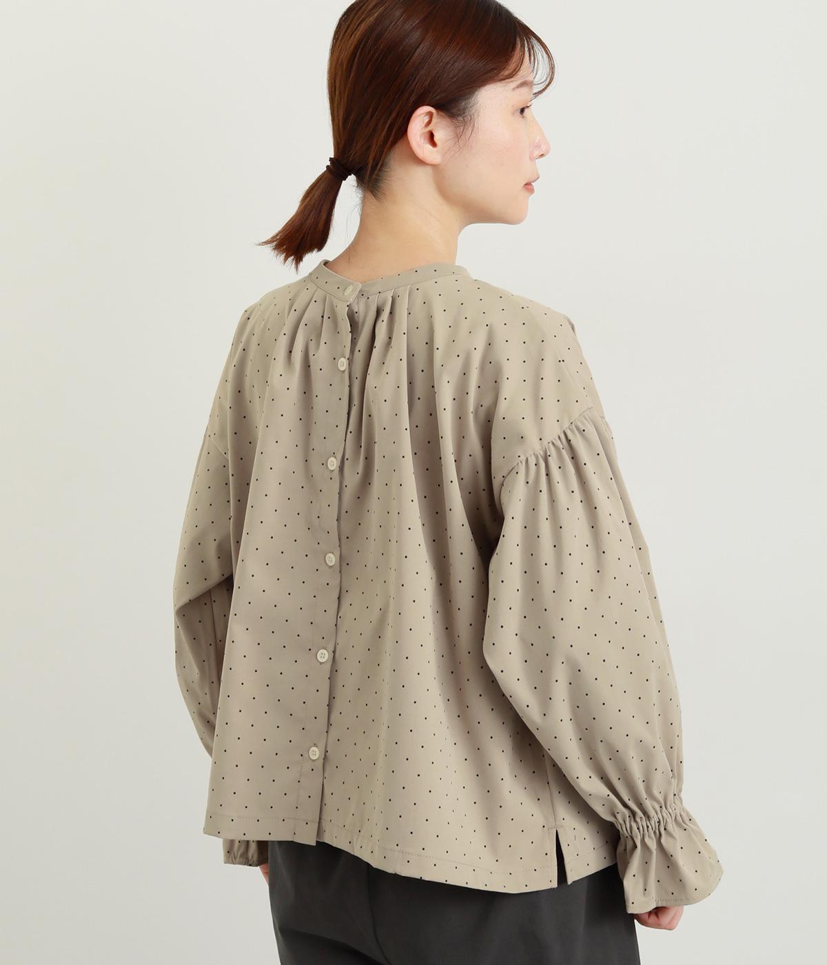 ポリエステルツイルドットプリント前後2way長袖ブラウス(ベージュ-F)