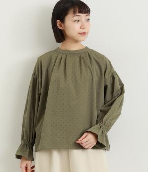 ポリエステルツイルドットプリント前後2way長袖ブラウス(カーキ-F)