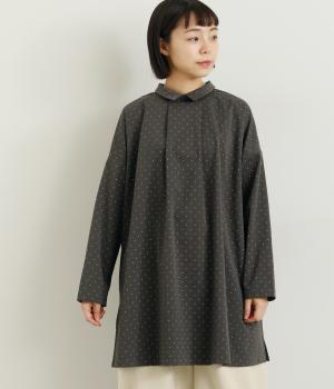 ポリエステルツイルドットプリント前後2way長袖チュニックブラウス(グレー-F)