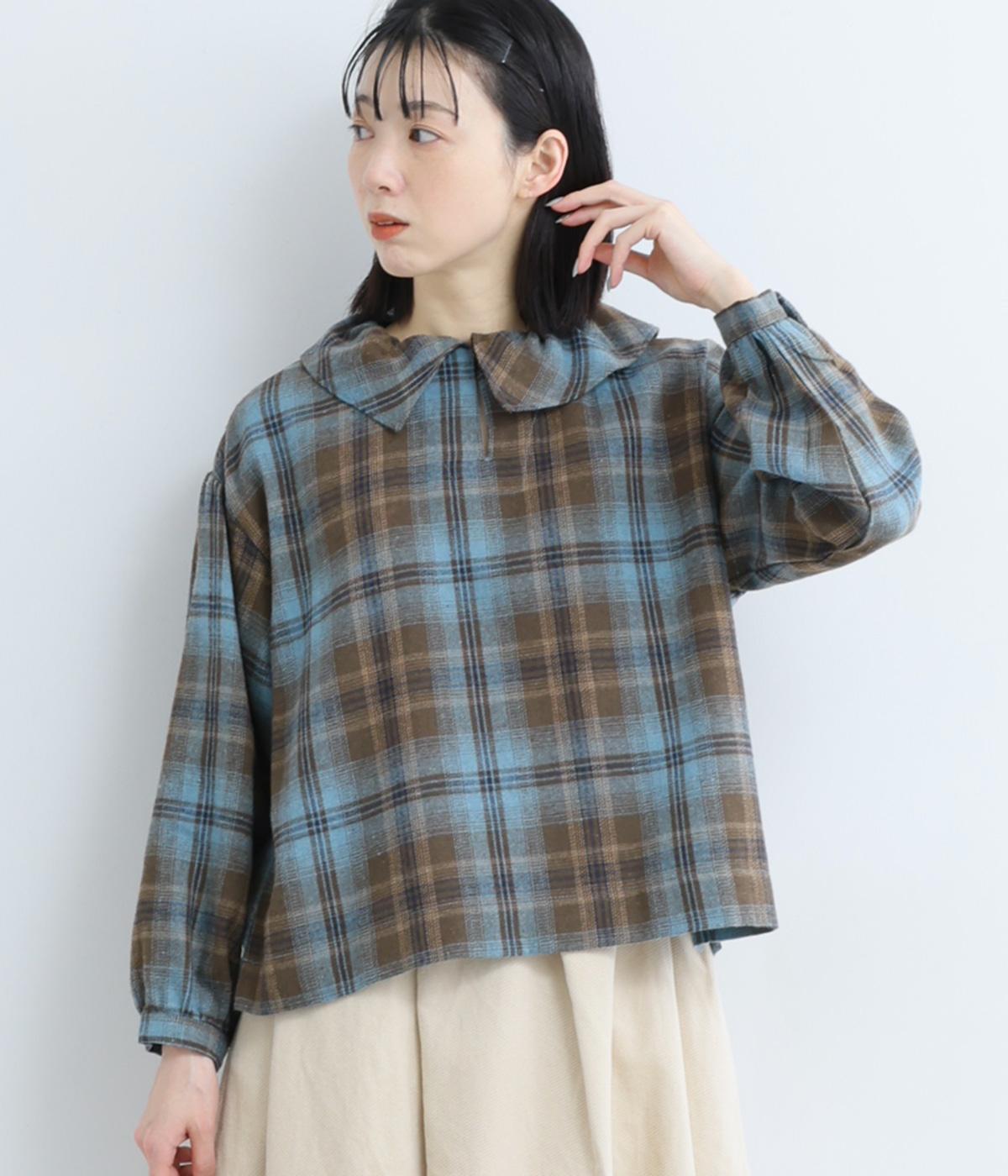 ポリエステルコットン綾織起毛チェック柄フレア襟長袖ブラウス(ブラウン-F)