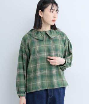 ポリエステルコットン綾織起毛チェック柄フレア襟長袖ブラウス(グリーン-F)