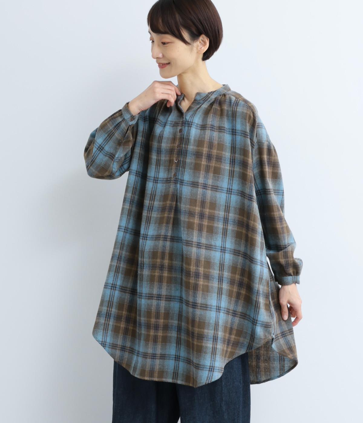 ポリエステルコットン綾織起毛チェック柄長袖チュニック(ブラウン-F)