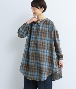 ポリエステルコットン綾織起毛チェック柄長袖チュニック(ブラウン-F)