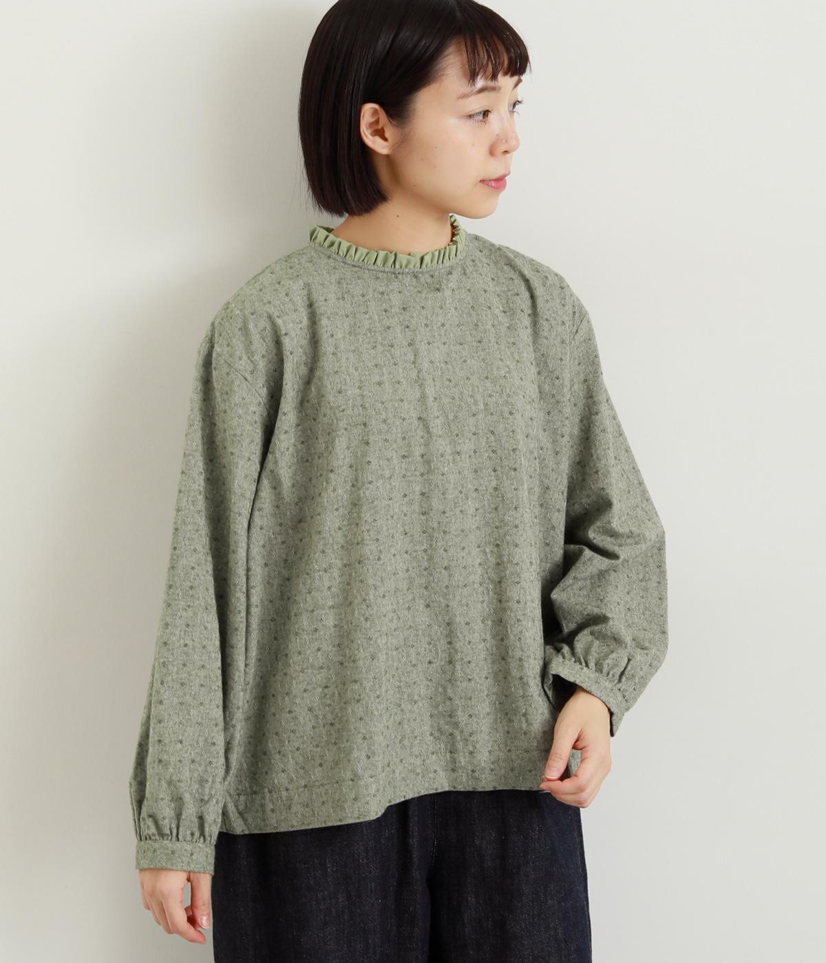 コットンリネンドビーシャンブレー起毛首元フリル長袖ブラウス(キミドリ-F)