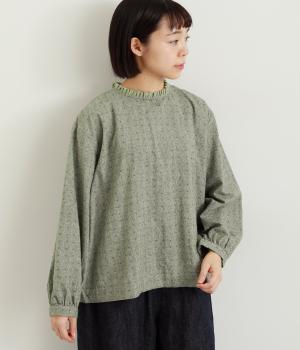 コットンリネンドビーシャンブレー起毛首元フリル長袖ブラウス(キミドリ-F)