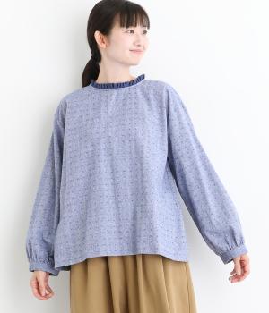 コットンリネンドビーシャンブレー起毛首元フリル長袖ブラウス(ブルー-F)