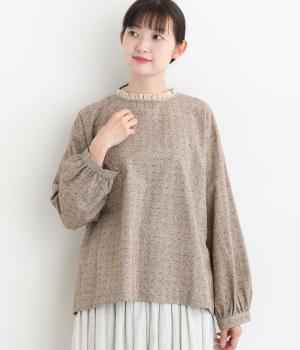 コットンリネンドビーシャンブレー起毛首元フリル長袖ブラウス(グレージュ-F)