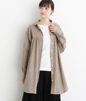 コットンリネンドビーシャンブレー起毛切替長袖ブラウス(グレージュ-F)