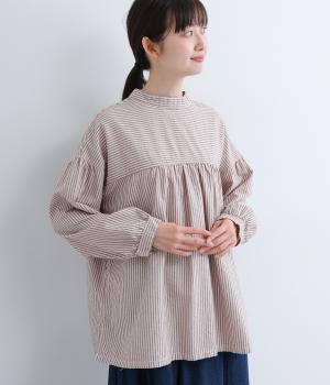 オックスストライプ日本製品染前後2way切替ギャザー長袖ブラウス(ピンク-F)