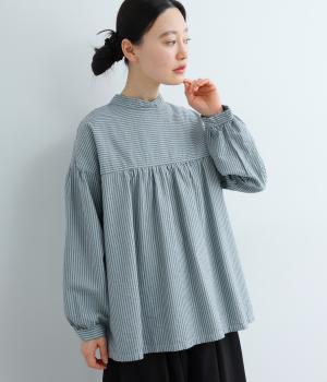 オックスストライプ日本製品染前後2way切替ギャザー長袖ブラウス(ブルーグリーン-F)