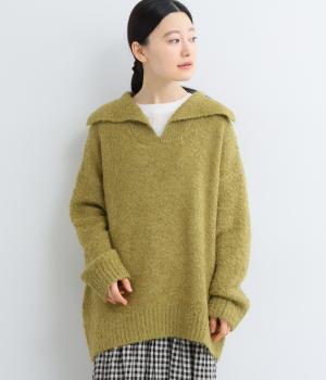 ウール混ループヤーン襟付き長袖ニット(オリーブ-F)