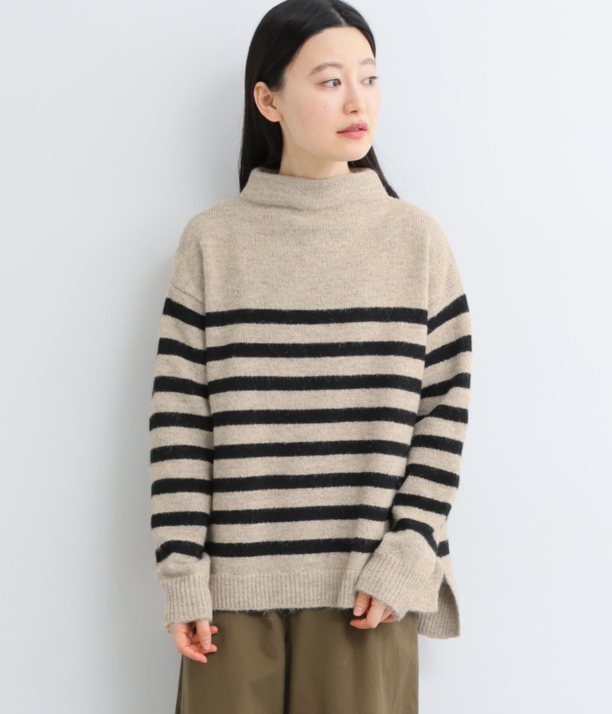 四者混天竺編みボーダー柄長袖ニット(オートミール-F)
