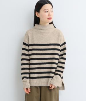 四者混天竺編みボーダー柄長袖ニット(オートミール-F)