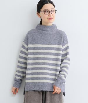 四者混天竺編みボーダー柄長袖ニット(グレーパープル-F)