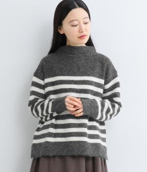 四者混天竺編みボーダー柄長袖ニット(チャコール-F)