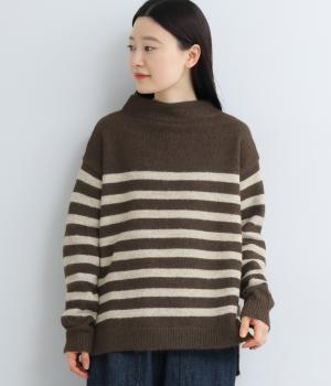四者混天竺編みボーダー柄長袖ニット(ブラウン-F)