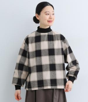 コットン平織起毛ブロックチェックボトルネック長袖ブラウス(グレージュ×クロ-F)